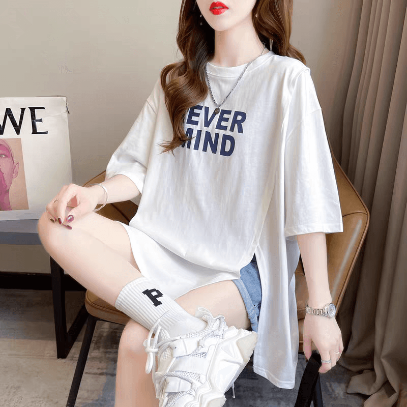 새로운 빅 사이즈 여성 의류 트임 반팔 티셔츠 디자인 센스 작은 불규칙 루즈핏 프린트 맨위 상세 이미지 6