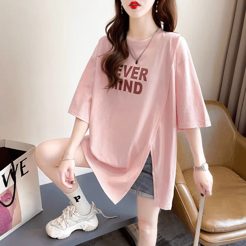 새로운 빅 사이즈 여성 의류 트임 반팔 티셔츠 디자인 센스 작은 불규칙 루즈핏 프린트 맨위 상세 이미지 10