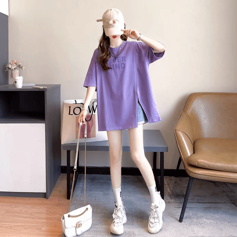 새로운 빅 사이즈 여성 의류 트임 반팔 티셔츠 디자인 센스 작은 불규칙 루즈핏 프린트 맨위 상세 이미지 11