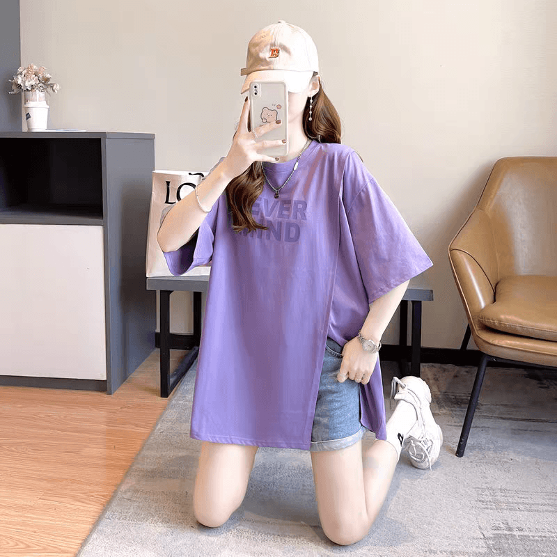 새로운 빅 사이즈 여성 의류 트임 반팔 티셔츠 디자인 센스 작은 불규칙 루즈핏 프린트 맨위 상세 이미지 12