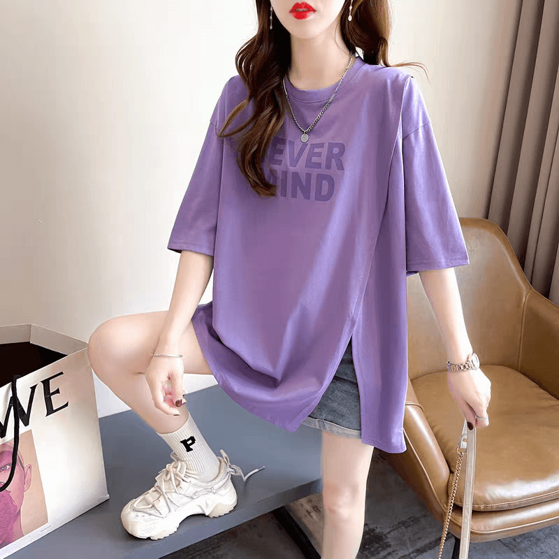 새로운 빅 사이즈 여성 의류 트임 반팔 티셔츠 디자인 센스 작은 불규칙 루즈핏 프린트 맨위 상세 이미지 14