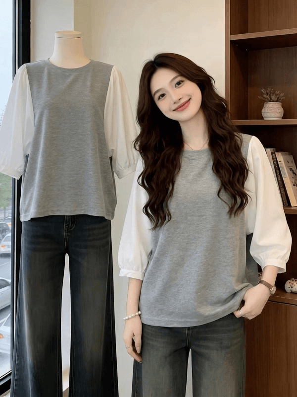 여름 드레스 국경 간 일본과 한국 부서 티셔츠 셔츠 패치워크 색상 Chic 라운드 넥 루즈핏 레트로 디자인 센스 반팔 면 맨위