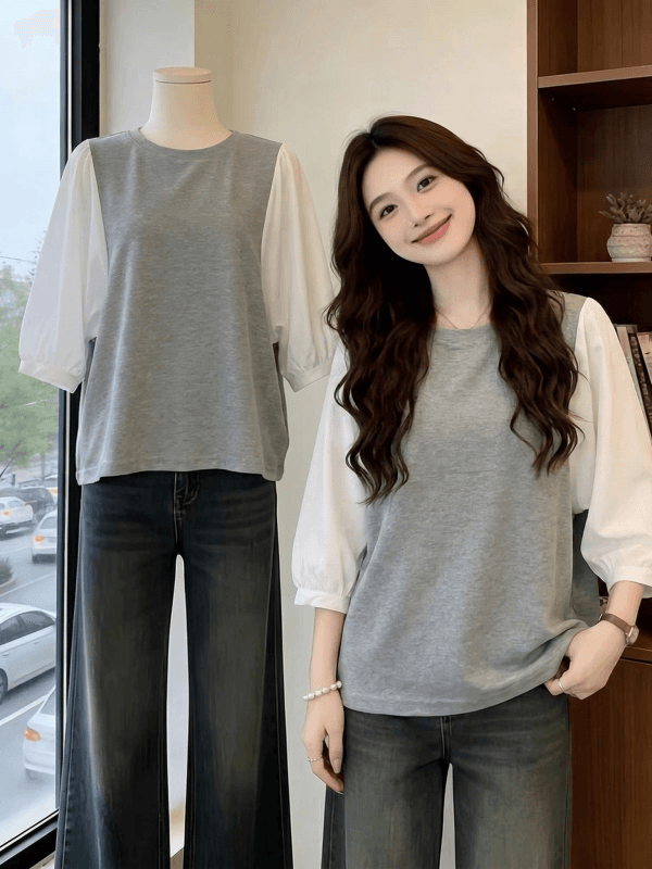 여름 드레스 국경 간 일본과 한국 부서 티셔츠 셔츠 패치워크 색상 Chic 라운드 넥 루즈핏 레트로 디자인 센스 반팔 면 맨위 이미지 2