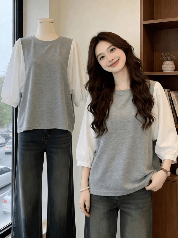 여름 드레스 국경 간 일본과 한국 부서 티셔츠 셔츠 패치워크 색상 Chic 라운드 넥 루즈핏 레트로 디자인 센스 반팔 면 맨위 이미지 4