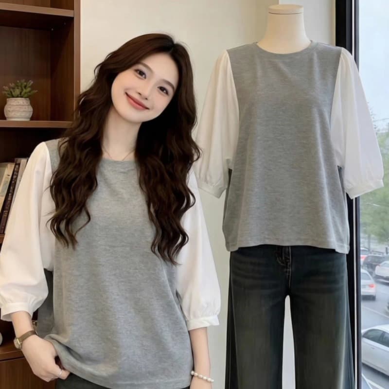 여름 드레스 국경 간 일본과 한국 부서 티셔츠 셔츠 패치워크 색상 Chic 라운드 넥 루즈핏 레트로 디자인 센스 반팔 면 맨위 이미지 5
