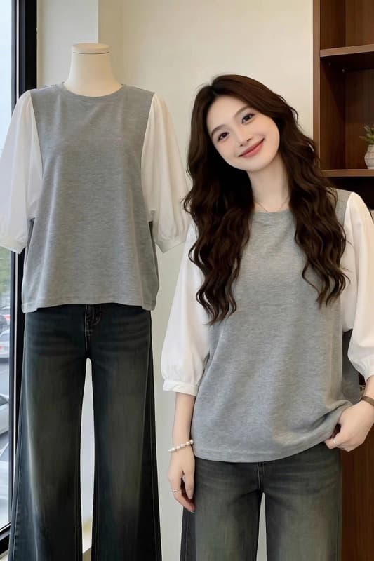 여름 드레스 국경 간 일본과 한국 부서 티셔츠 셔츠 패치워크 색상 Chic 라운드 넥 루즈핏 레트로 디자인 센스 반팔 면 맨위 이미지 6