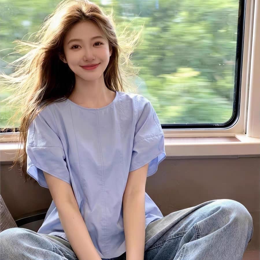 하늘색 질감 라운드 넥 이후 열기 버클 가을 어깨 반팔 루즈핏 여성 셔츠 여름 빅 사이즈 지방 mm 표지 고기 출퇴근 섹션 맨위
