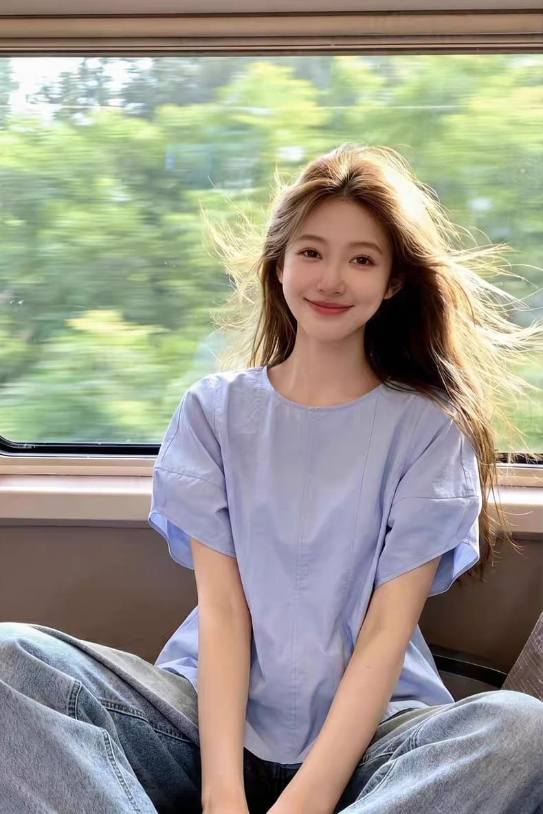 하늘색 질감 라운드 넥 이후 열기 버클 가을 어깨 반팔 루즈핏 여성 셔츠 여름 빅 사이즈 지방 mm 표지 고기 출퇴근 섹션 맨위 이미지 6