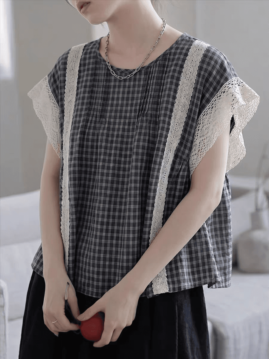 여름 새로운 여성 의류 레이스 조각 격자 무늬 셔츠 고급 센스 착용 잡아라. 의류 이미지 2