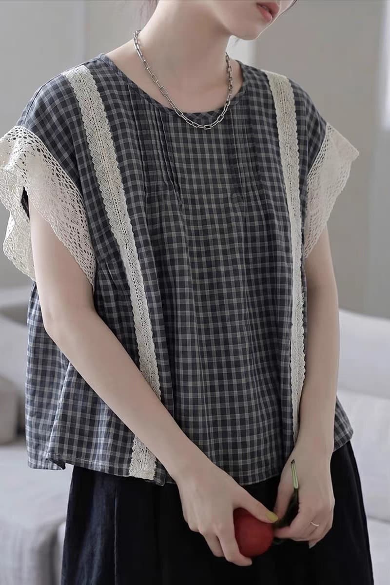 여름 새로운 여성 의류 레이스 조각 격자 무늬 셔츠 고급 센스 착용 잡아라. 의류 이미지 6