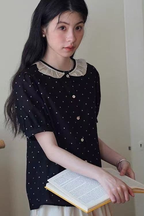 여름 드레스 새로운 레트로 문예 도트 무늬 레이스 칼라 마이크로 거품 소매 배색 반팔 여성 셔츠 이미지 6