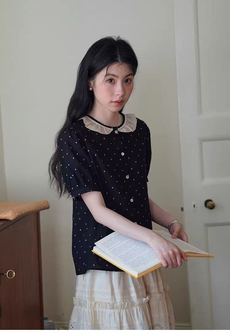 여름 드레스 새로운 레트로 문예 도트 무늬 레이스 칼라 마이크로 거품 소매 배색 반팔 여성 셔츠 상세 이미지 9