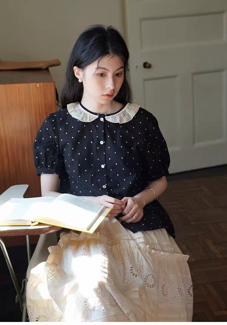 여름 드레스 새로운 레트로 문예 도트 무늬 레이스 칼라 마이크로 거품 소매 배색 반팔 여성 셔츠 상세 이미지 15