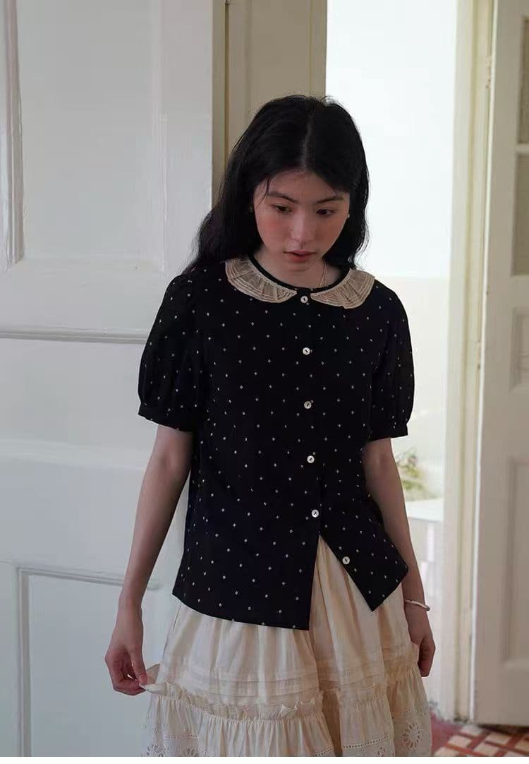 여름 드레스 새로운 레트로 문예 도트 무늬 레이스 칼라 마이크로 거품 소매 배색 반팔 여성 셔츠 상세 이미지 20