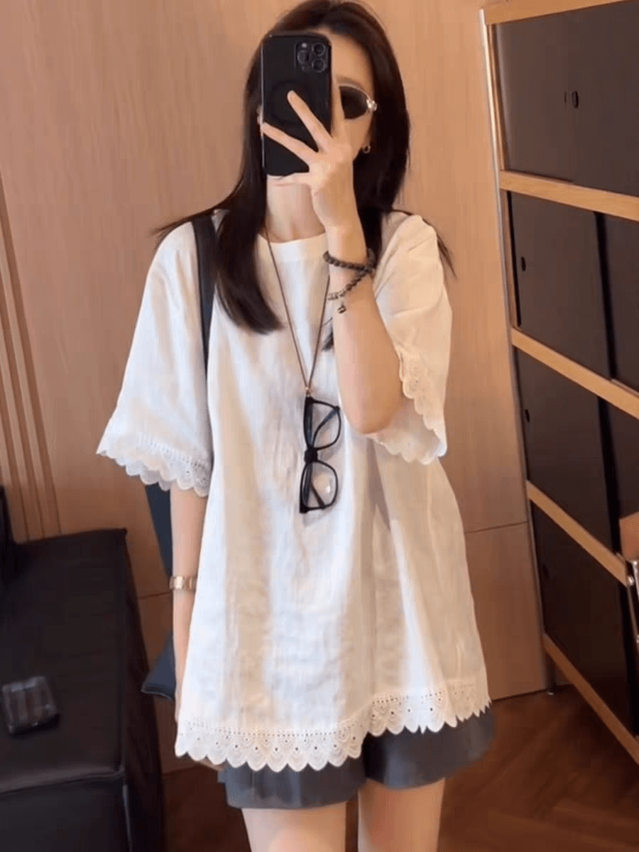 여름 드레스 새로운 빅 사이즈 여성 의류 품격 레이스 레이스 라운드 넥 반팔 티셔츠 루즈핏 맨위 상세 이미지 2