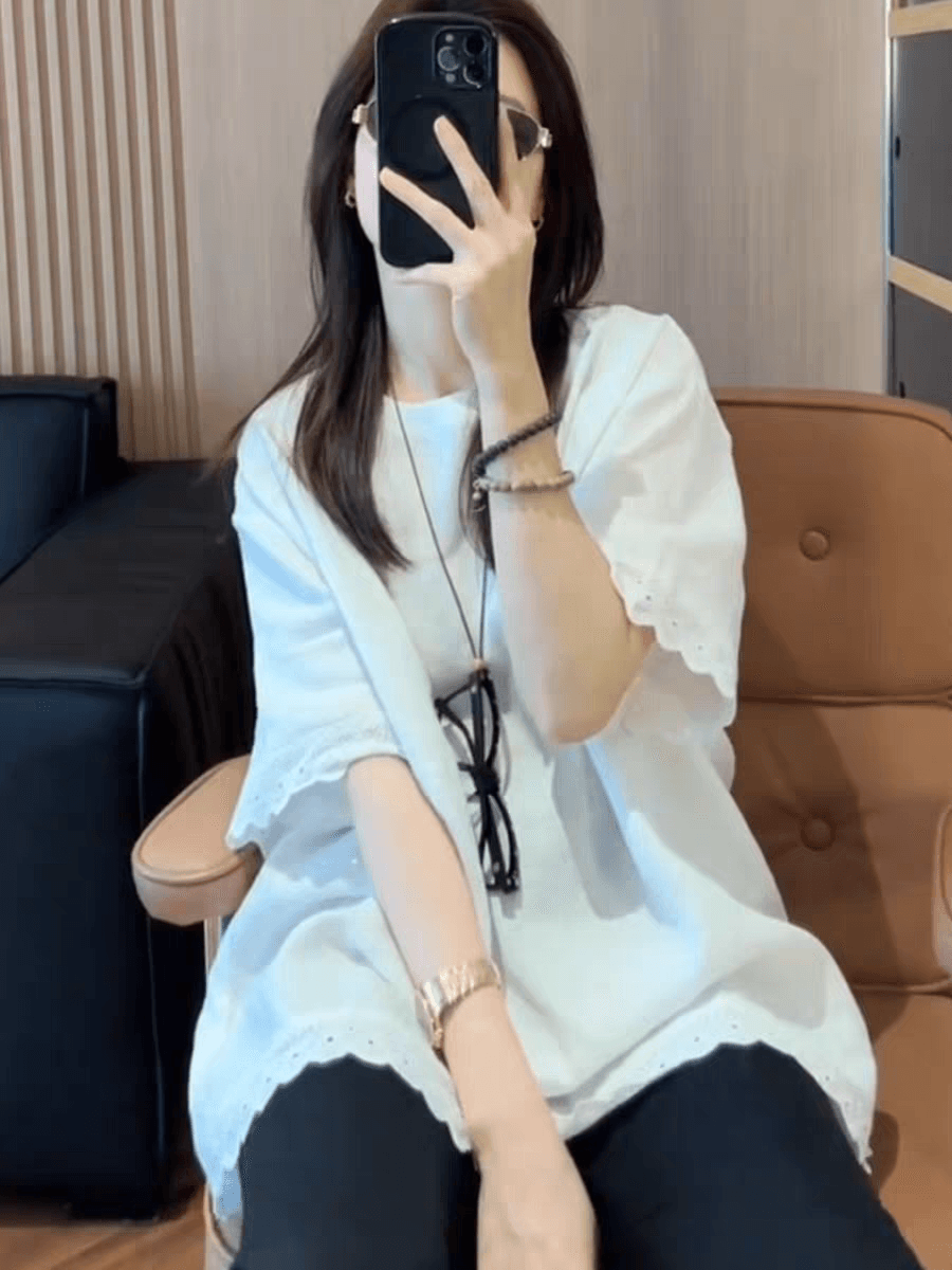 여름 드레스 새로운 빅 사이즈 여성 의류 품격 레이스 레이스 라운드 넥 반팔 티셔츠 루즈핏 맨위 상세 이미지 3