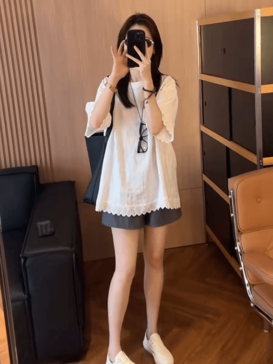 여름 드레스 새로운 빅 사이즈 여성 의류 품격 레이스 레이스 라운드 넥 반팔 티셔츠 루즈핏 맨위 상세 이미지 4