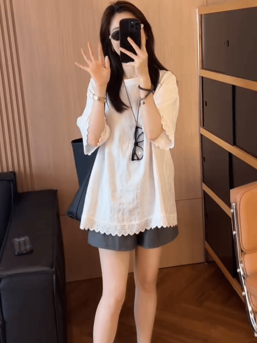 여름 드레스 새로운 빅 사이즈 여성 의류 품격 레이스 레이스 라운드 넥 반팔 티셔츠 루즈핏 맨위 상세 이미지 6