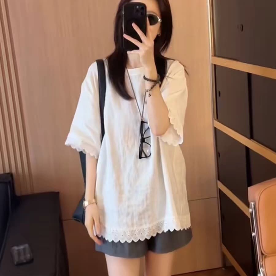여름 드레스 새로운 빅 사이즈 여성 의류 품격 레이스 레이스 라운드 넥 반팔 티셔츠 루즈핏 맨위 이미지 5