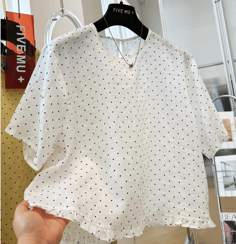 한 부서 슈퍼 화재 연령 감소 밑단 레이스 자수 스트라이프 반팔 여성 셔츠 작은 셔츠 Chic 매우 요정 ~ 중 맨위 이미지 2