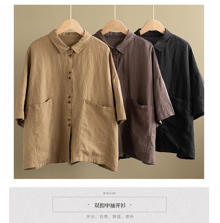 여름 드레스 새로운 면 린넨 여성 셔츠 빅 포켓 폴로 칼라 중간 소매 루즈핏 종류 셔츠 캐주얼 외부 잡아라. 의류 상세 이미지 1
