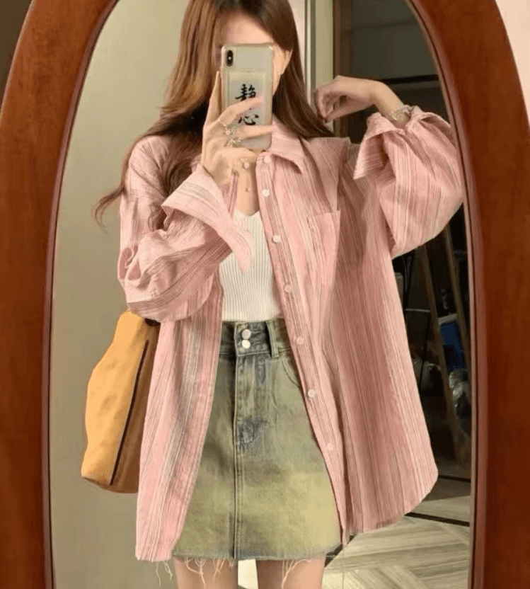 가을 의상 새로운 빅 사이즈 여성 의류 chic 핑크색 스트라이프 셔츠 느긋한 바람 자외선 차단 셔츠