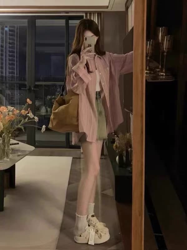 가을 의상 새로운 빅 사이즈 여성 의류 chic 핑크색 스트라이프 셔츠 느긋한 바람 자외선 차단 셔츠 이미지 4