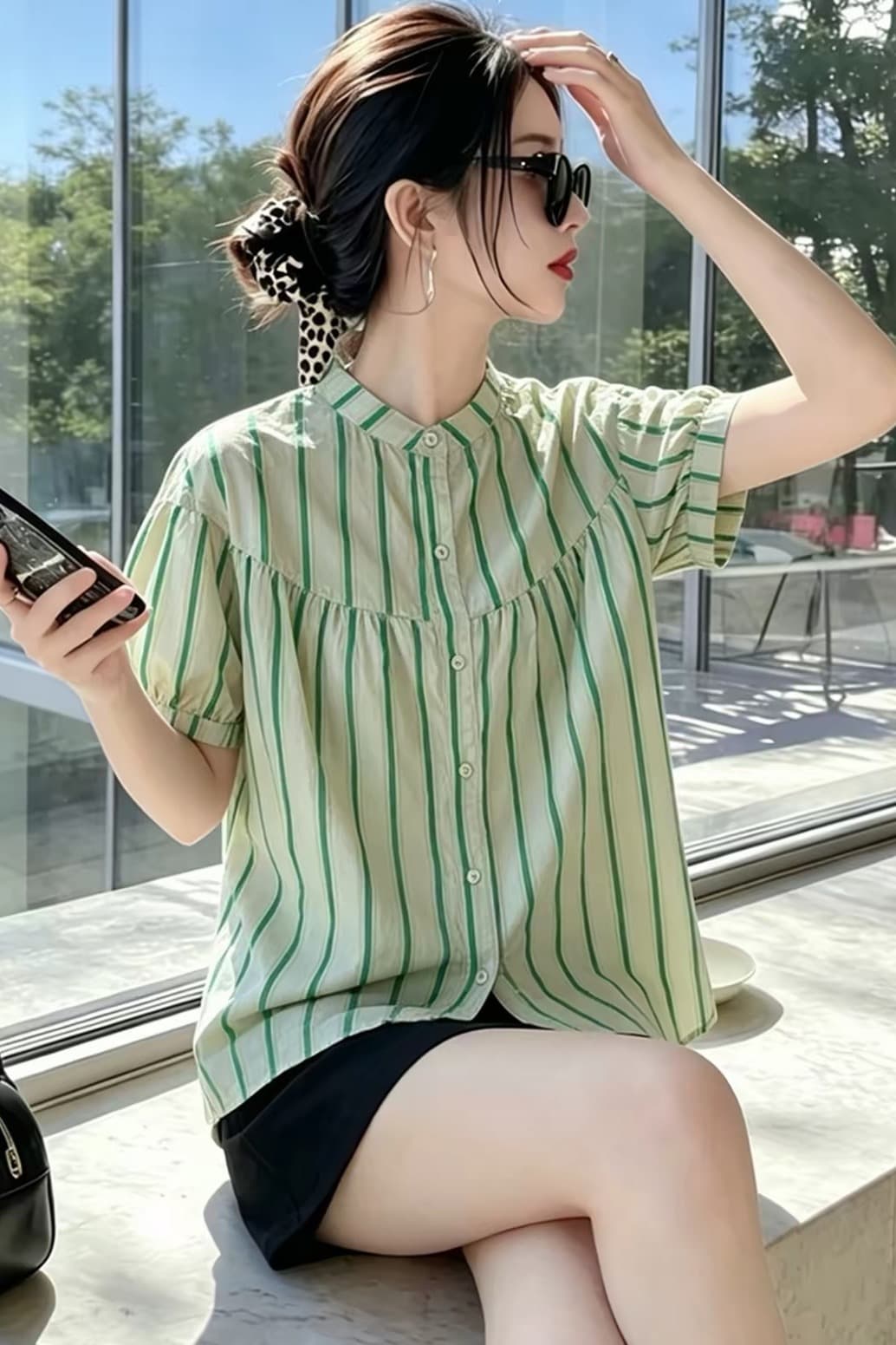 여름 드레스 새로운 스트라이프 셔츠 한국 스타일 출퇴근 스탠드 칼라 벌룬 소매 사탕 색상 반팔 인형 셔츠 이미지 6