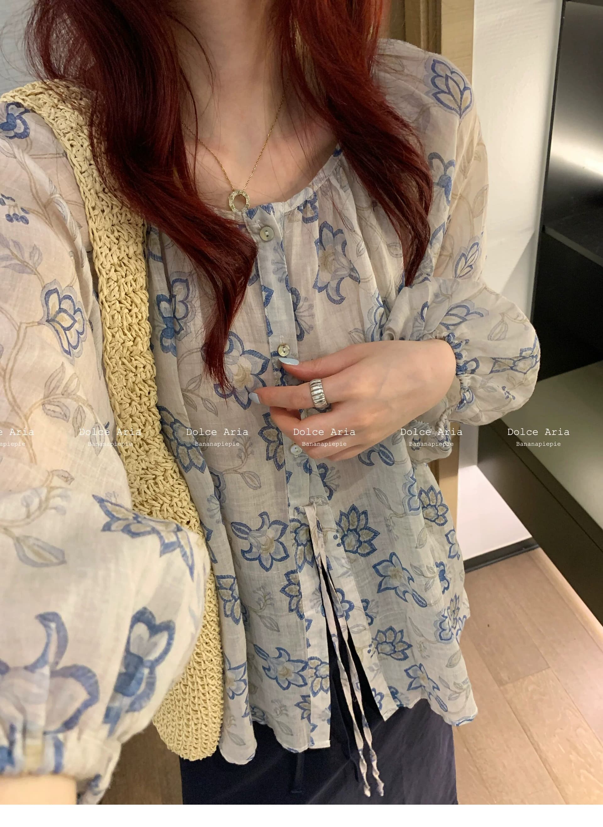 여름 드레스 새로운 면 린넨 블루스 꽃무늬 인형 셔츠 여성 거품 소매 펌프 로프 셔츠 루즈핏 얇은 스타일 맨위 상세 이미지 5