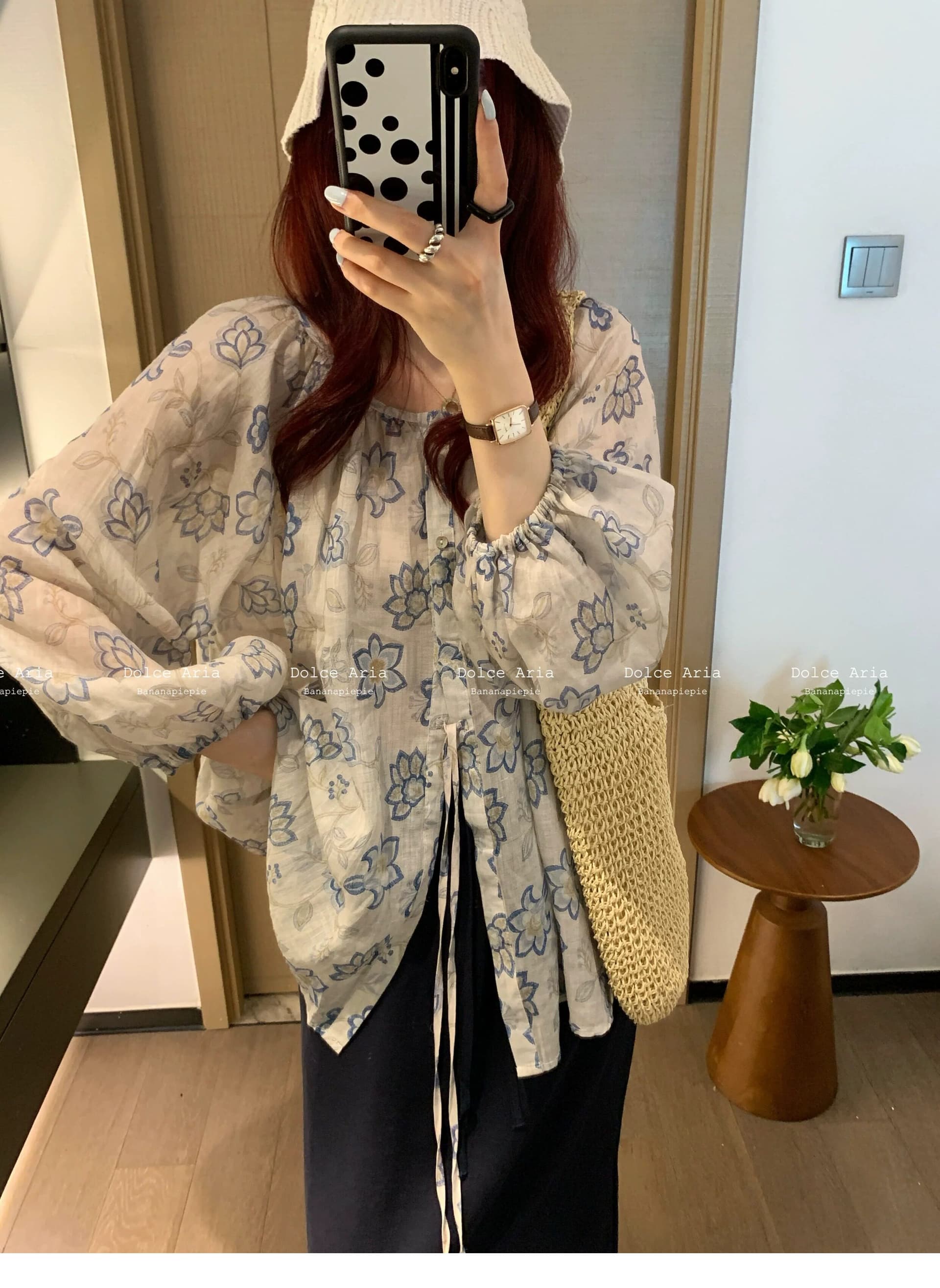 여름 드레스 새로운 면 린넨 블루스 꽃무늬 인형 셔츠 여성 거품 소매 펌프 로프 셔츠 루즈핏 얇은 스타일 맨위 상세 이미지 6