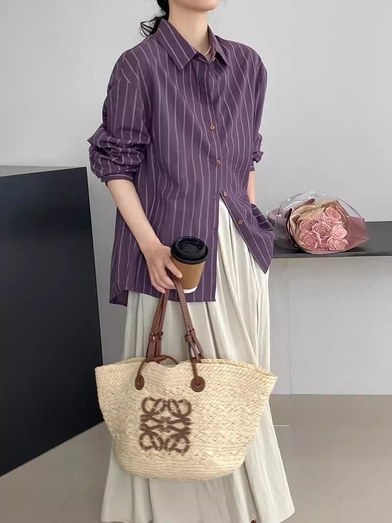 가을 의상 새로운 프랑스식 보라색 외국 가스 스트라이프 긴팔 여성 셔츠 패션 루즈핏 느긋한 슬림해 보이는 맨위 이미지 4