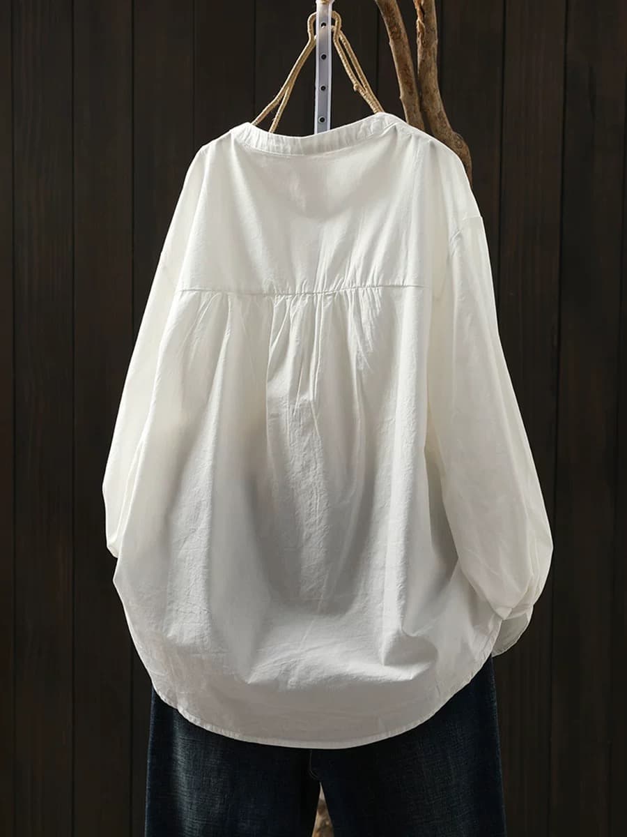 가을 의상 새로운 빅 사이즈 여성 의류 흰 셔츠 순면 작은 스탠드 칼라 카디건 코트 플리츠 프랑스식 고급 센스 셔츠 상세 이미지 4