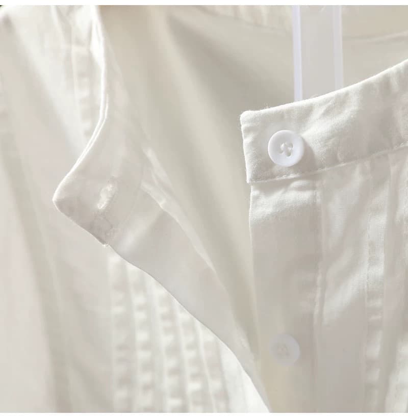 가을 의상 새로운 빅 사이즈 여성 의류 흰 셔츠 순면 작은 스탠드 칼라 카디건 코트 플리츠 프랑스식 고급 센스 셔츠 상세 이미지 12