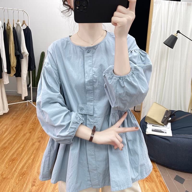 가을 의상 새로운 빅 사이즈 여성 의류 디자인 순면 벌룬 소매 긴팔 여성 셔츠 인형 루즈핏 슬림해 보이는 맨위 셔츠 상세 이미지 4