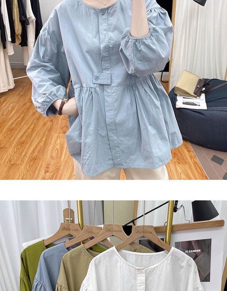 가을 의상 새로운 빅 사이즈 여성 의류 디자인 순면 벌룬 소매 긴팔 여성 셔츠 인형 루즈핏 슬림해 보이는 맨위 셔츠 상세 이미지 8