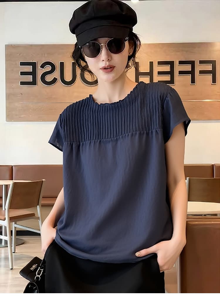 여름 새로운 해군 레트로 반팔 여성 셔츠 품격 작은 셔츠 고급 센스 슬림해 보이는 출퇴근 셔츠 상세 이미지 2