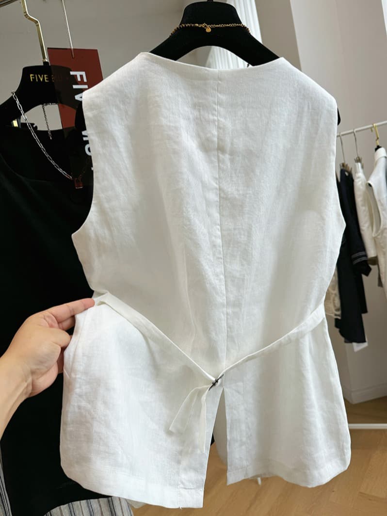 여름 드레스 새로운 고급 순수 린넨 품격 몸매 가꾸기 정장 조끼 여자 여름 얇은 스타일 민소매 조끼 자켓 맨위 이미지 3