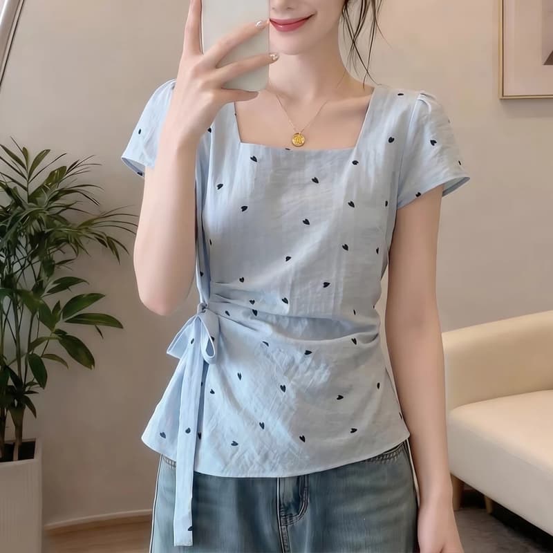 여름 새로운 하늘색 광장 칼라 긍정적 인 어깨 반팔 여성 셔츠 지방 mm 연령 감소 작은 셔츠 스트랩 허리 수축 맨위