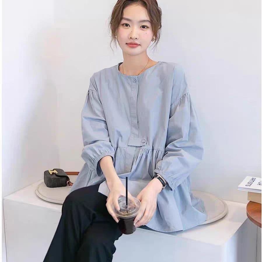 가을 의상 새로운 빅 사이즈 여성 의류 디자인 순면 벌룬 소매 긴팔 여성 셔츠 인형 루즈핏 슬림해 보이는 맨위 셔츠 상세 이미지 2
