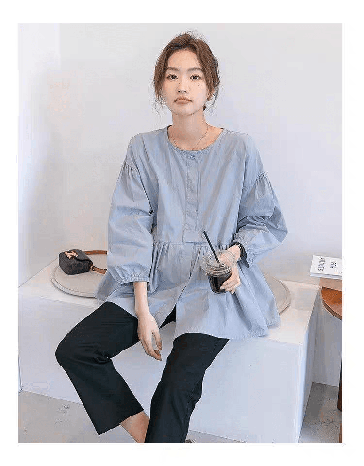 가을 의상 새로운 빅 사이즈 여성 의류 디자인 순면 벌룬 소매 긴팔 여성 셔츠 인형 루즈핏 슬림해 보이는 맨위 셔츠 상세 이미지 7