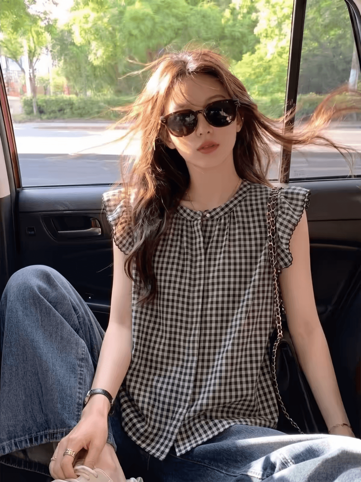 여름 달콤함 연령 감소 Feifei 소매 체크무늬 셔츠 슬림해 보이는 다용도 쉬폰 셔츠 캐주얼 미니멀리즘 맨위 여성 이미지 2