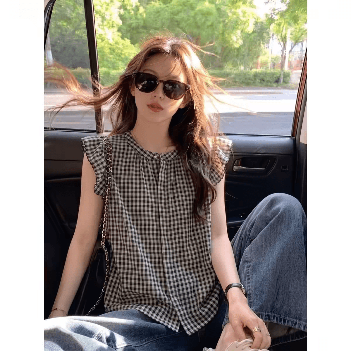 여름 달콤함 연령 감소 Feifei 소매 체크무늬 셔츠 슬림해 보이는 다용도 쉬폰 셔츠 캐주얼 미니멀리즘 맨위 여성 상세 이미지 3