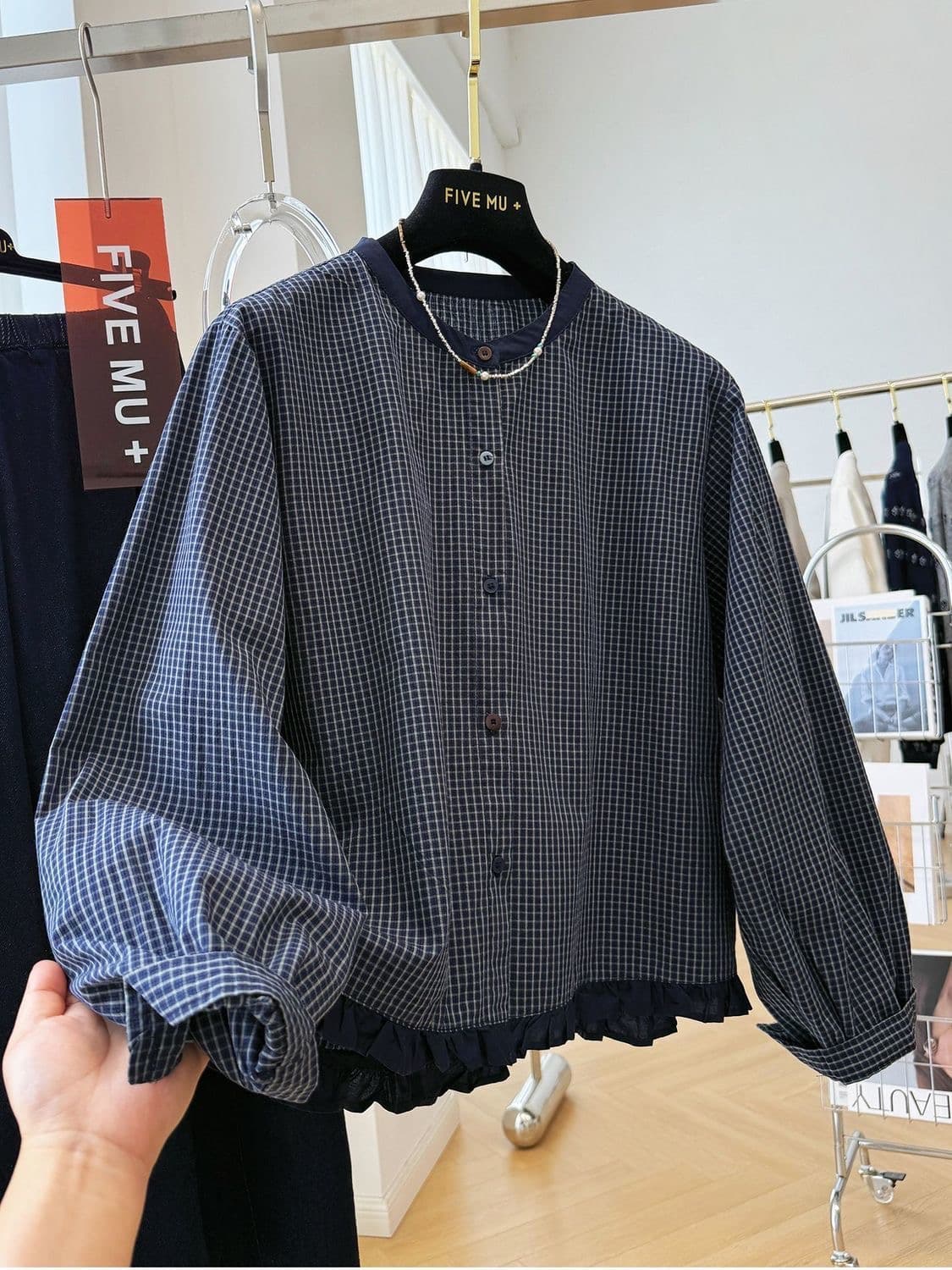 가을 의상 새로운 한 부서 착용 가져 가라. 자이언트 잘 생긴 ~ 중 작은 격자 라운드 넥 긴팔 셔츠 프릴 쇼트 스타일 작은 셔츠 맨위 이미지 4