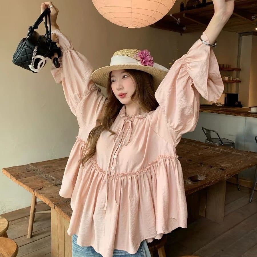 가을 의상 새로운 품격 다용도 슬림해 보이는 셔츠 달콤함 프릴 요정 한 마디 진자 루즈핏 인형 셔츠 맨위