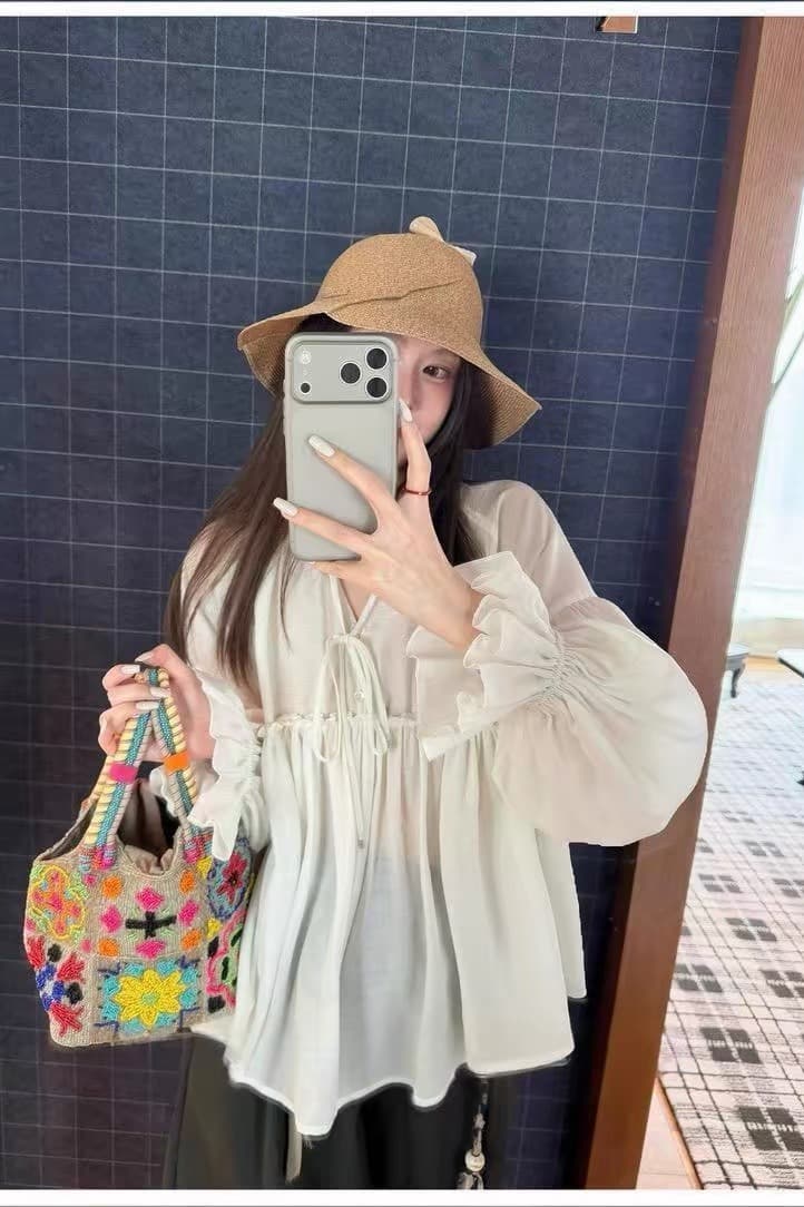 가을 의상 새로운 품격 다용도 슬림해 보이는 셔츠 달콤함 프릴 요정 한 마디 진자 루즈핏 인형 셔츠 맨위 이미지 6