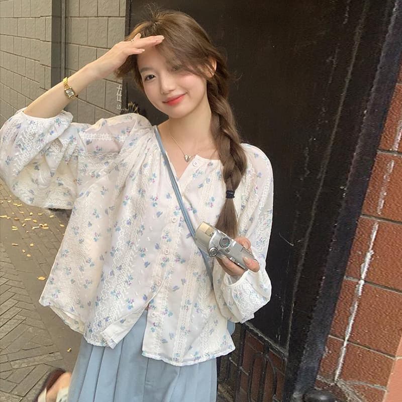 가을 의상 새로운 프랑스식 달콤함 거품 소매 꽃무늬 쉬폰 셔츠 부드러운 바람 레이스 자수 태양 보호 셔츠