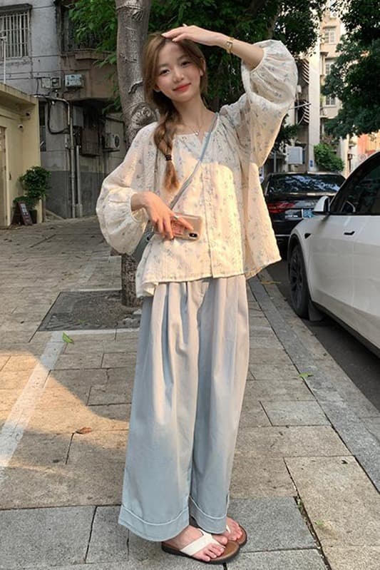 가을 의상 새로운 프랑스식 달콤함 거품 소매 꽃무늬 쉬폰 셔츠 부드러운 바람 레이스 자수 태양 보호 셔츠 이미지 6