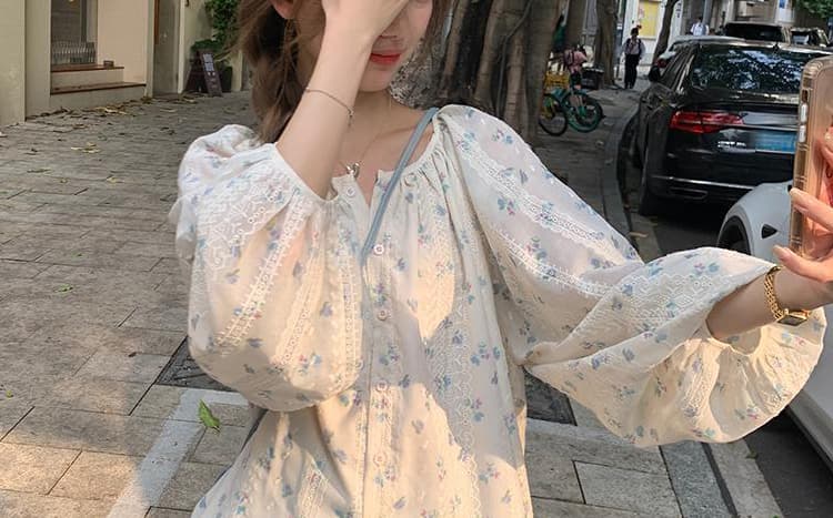 가을 의상 새로운 프랑스식 달콤함 거품 소매 꽃무늬 쉬폰 셔츠 부드러운 바람 레이스 자수 태양 보호 셔츠 상세 이미지 17