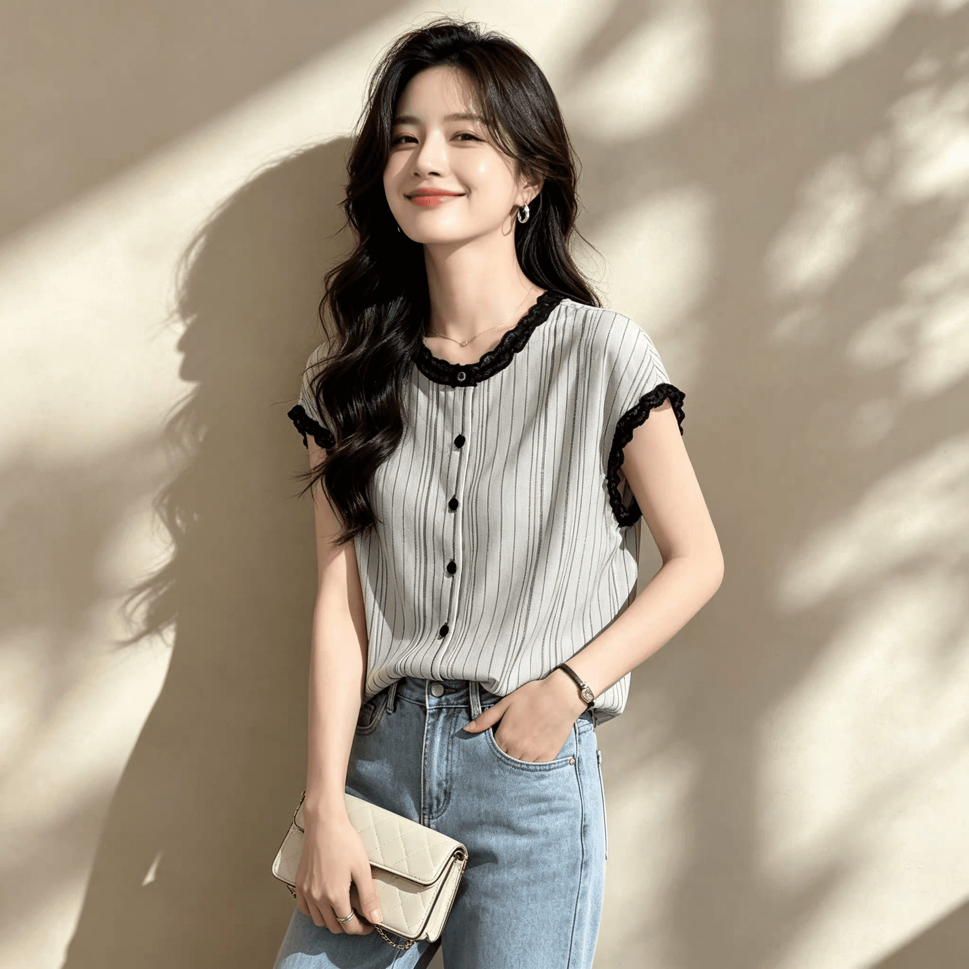 여름 새로운 한 부서 패션 품격 프릴 라운드 넥 반팔 여성 셔츠 출퇴근 다용도 연령 감소 맨위 이미지 2