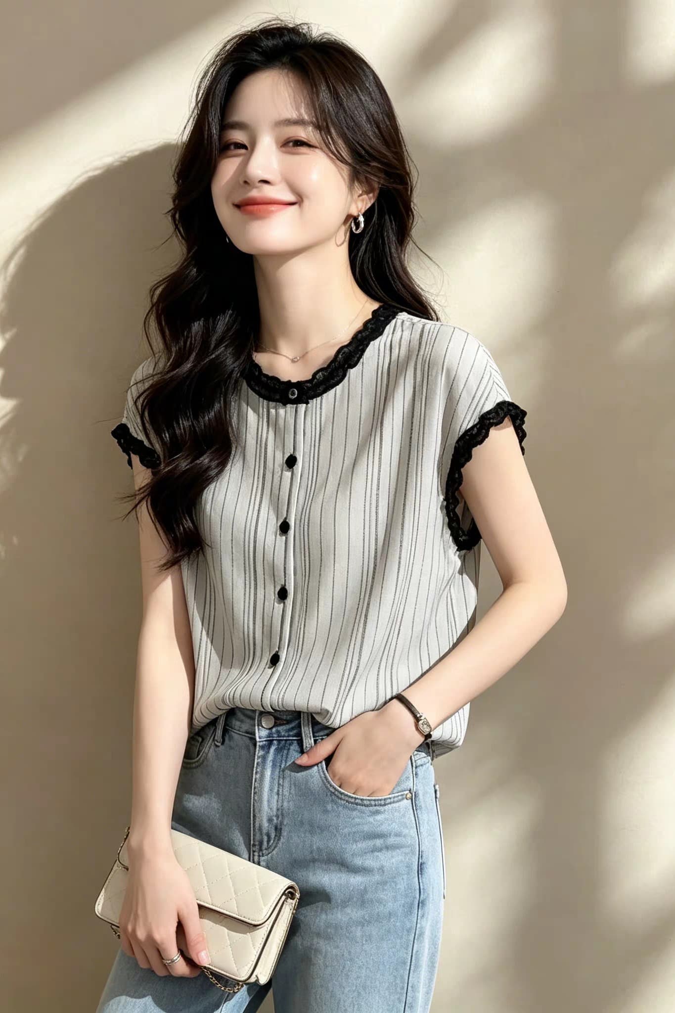 여름 새로운 한 부서 패션 품격 프릴 라운드 넥 반팔 여성 셔츠 출퇴근 다용도 연령 감소 맨위 이미지 6